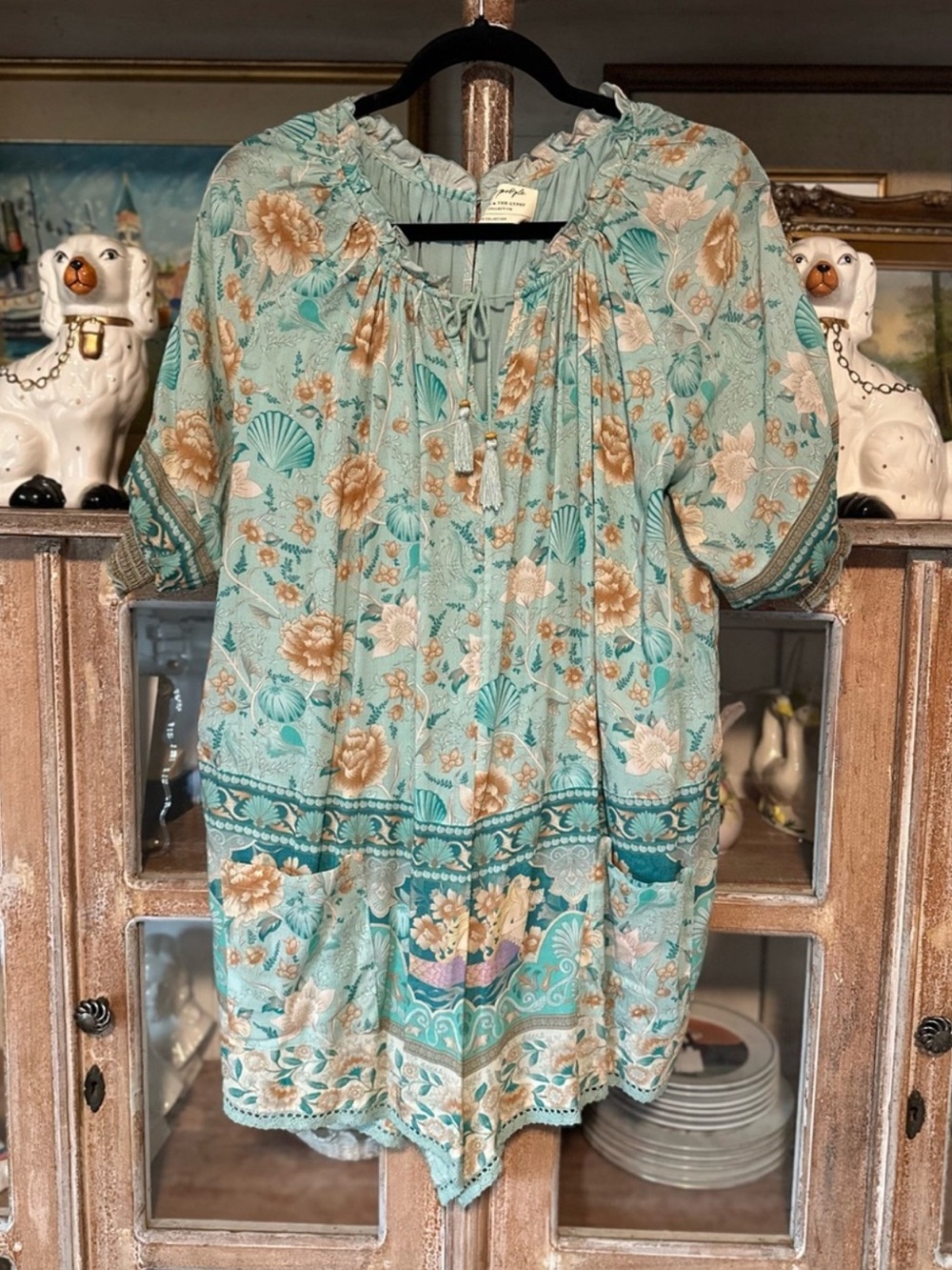 Spell Mint Floral Tie-Neck Tunic in Seafoam and Tan